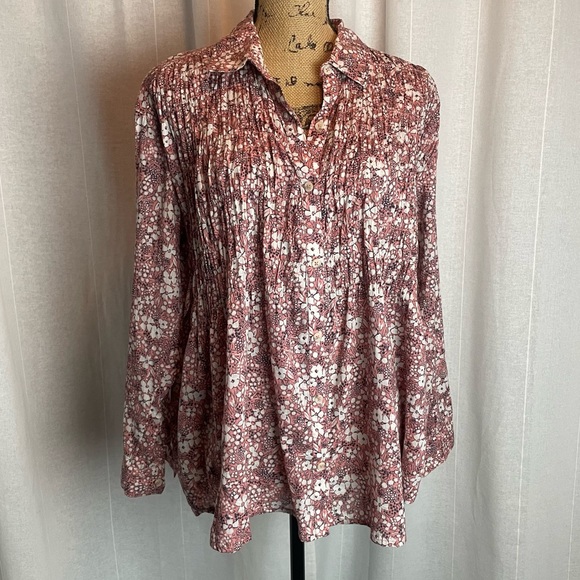 Pilcro Anthropology Sasha Smocked Boyfriend Pink Floral Button Down Shirt Sz S - Picture 4 of 10